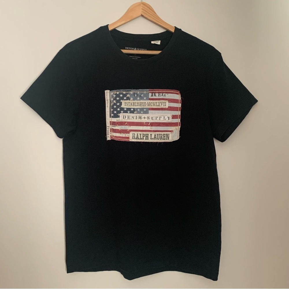 Denim & Supply Ralph Lauren Black Cotton USA Flag Patch T-Shirt Mens Size S